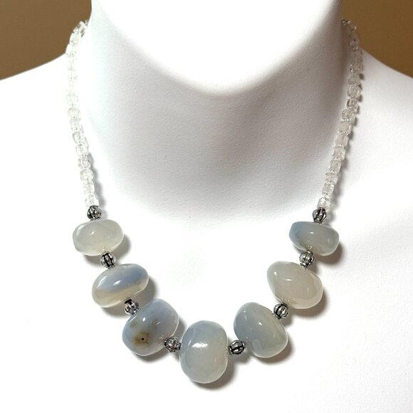Blue Chalcedony Clear Quartz Bib Necklace,Large Genuine Gemstone Beaded Necklace - Picture 2 of 13